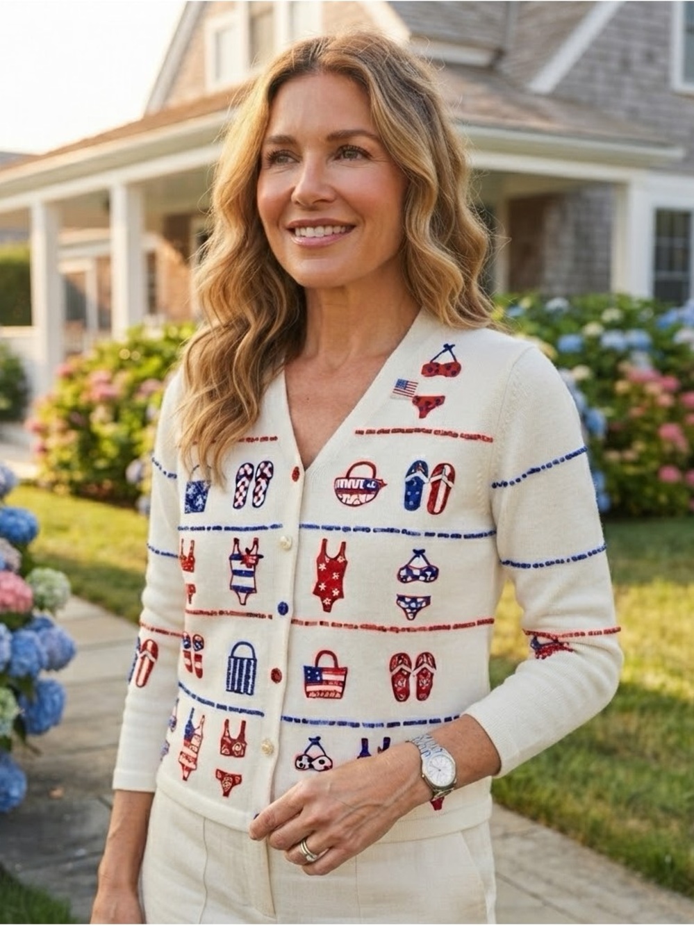 Vtg Jack B quick embroidered Cardigan sweater Patriotic flag hamptons L beach